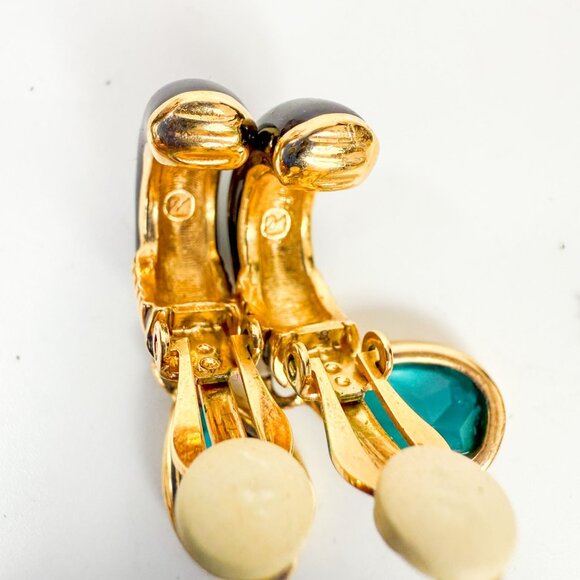 Swarovski Gold Tone Black Enamel Teal Teardrop Crystal Clip on Earrings - Picture 4 of 4